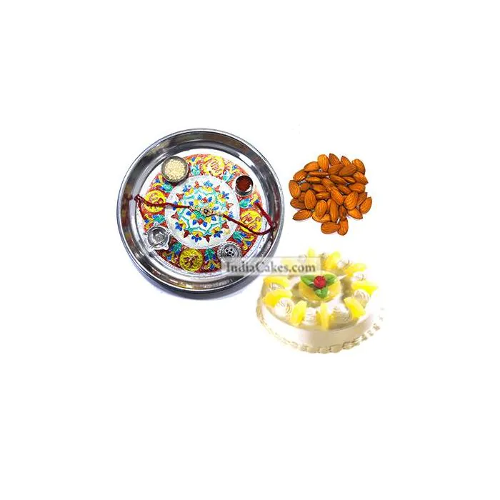 Silver Thali With Design And Half Kg Eggless Pineapple Cake And 250 gms Almond Dryfruits