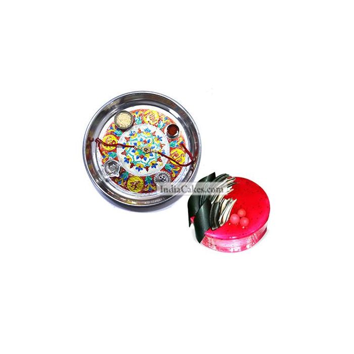 Silver Thali With Design And Half Kg Eggless Strawberry Cake Silver Thali With Design And Half Kg Eggless Strawberry Cake