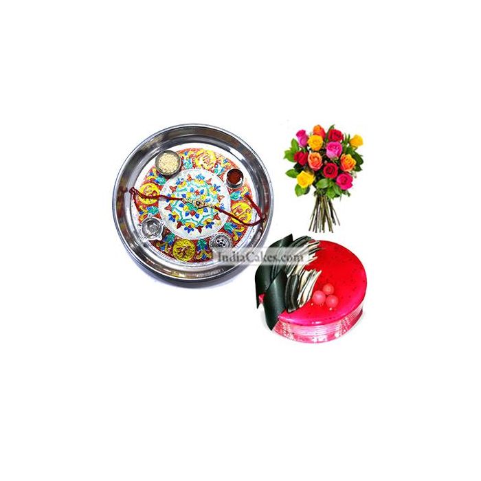Silver Thali With Design And Half Kg Eggless Strawberry Cake And 10 Mix Roses Bunch - Courieredp Silver Thali With Design And Half Kg Eggless Strawberry Cake And 10 Mix Roses Bunch - Courieredp
