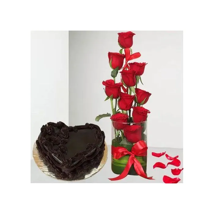 Remarkable 10 Red Roses with Half Kg Heart Shape Chocolate Cake Remarkable 10 Red Roses with Half Kg Heart Shape Chocolate Cake