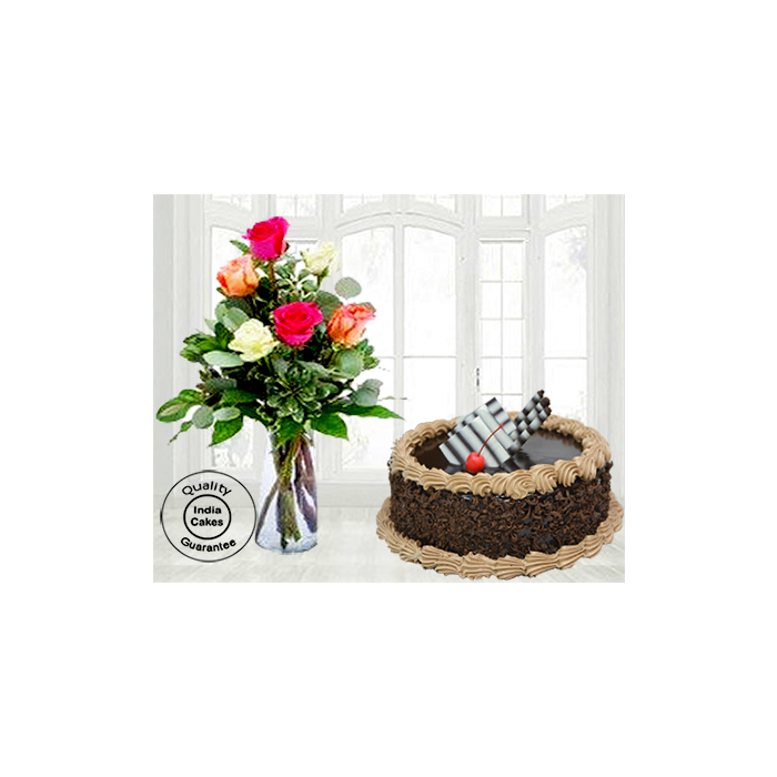 Rich Choco Truffle Cake Half Kg with 6 Mix Roses Rich Choco Truffle Cake Half Kg with 6 Mix Roses