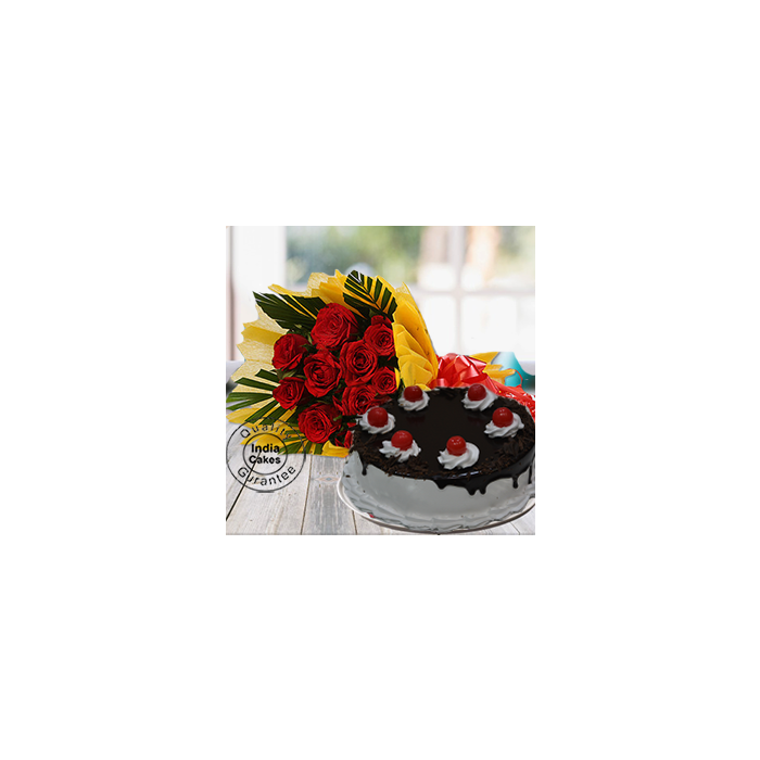 Rich Black Forest Cake with 12 Red Roses 