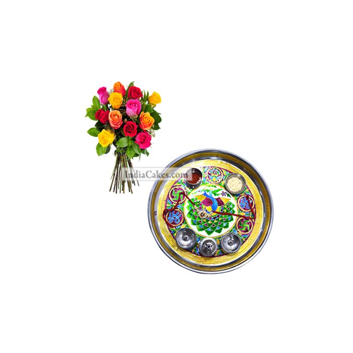 Golden Thali With Green Design and Mix Roses Golden Thali With Green Design and Mix Roses