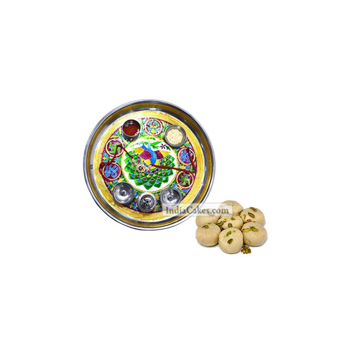 Golden Thali With Green Design And Pedha Golden Thali With Green Design And Pedha