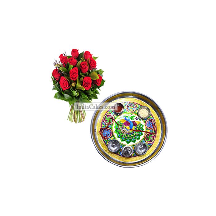 Golden Thali With Green Design And Red Roses Golden Thali With Green Design And Red Roses