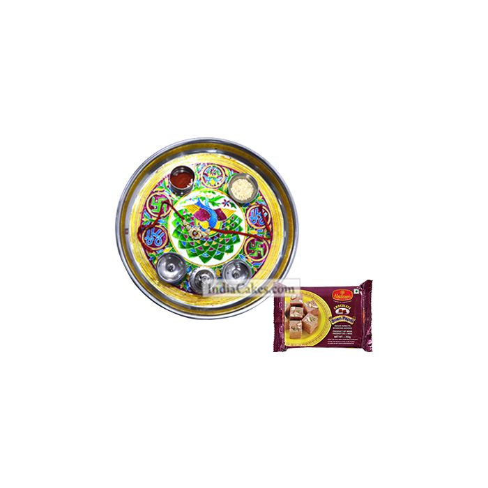 Golden Thali With Green Design And Soanpapdi