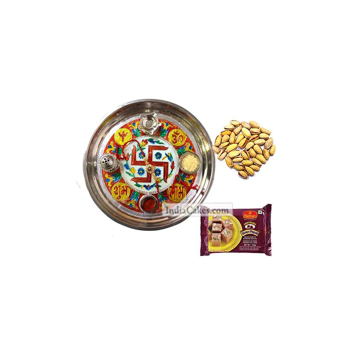 Golden Thali With Red Design And Soanpapdi And Pista Golden Thali With Red Design And Soanpapdi And Pista