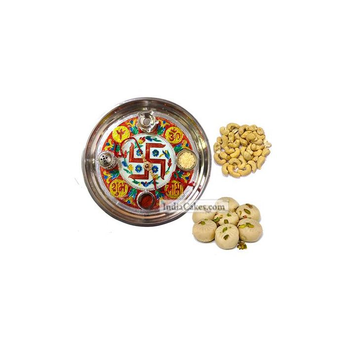 Golden Thali With Red Design And Pedha With Cashew Dryfruits Golden Thali With Red Design And Pedha With Cashew Dryfruits