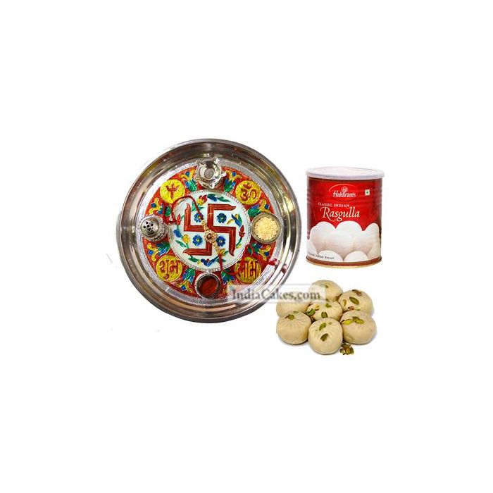 Golden Thali With Red Design And Pedha With Rasgulla Golden Thali With Red Design And Pedha With Rasgulla