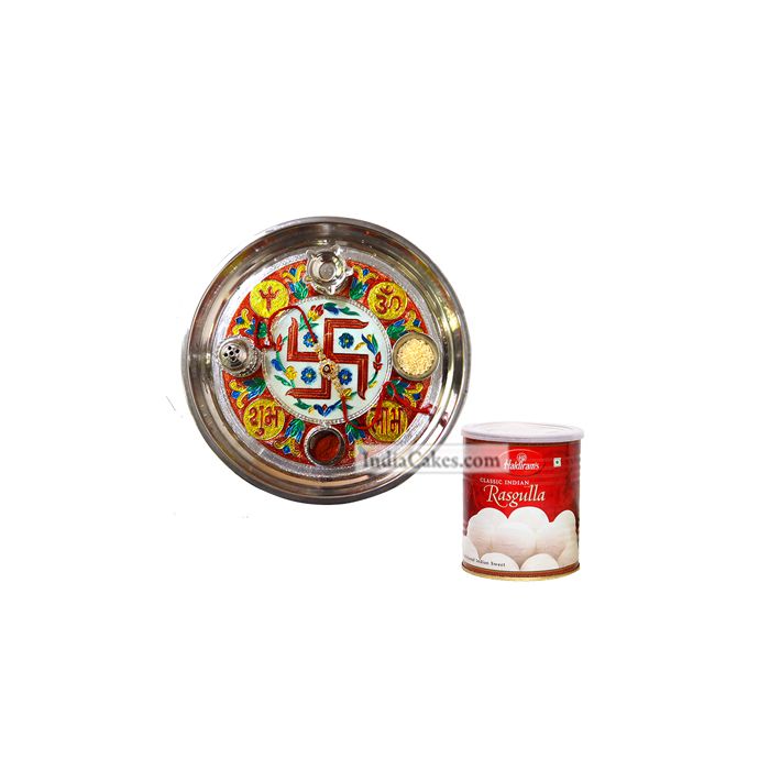 Golden Thali With Red Design And Rasgulla Golden Thali With Red Design And Rasgulla