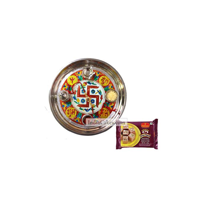 Golden Thali With Red Design And Soanpapdi