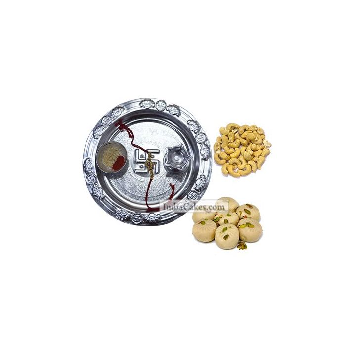 Silver Thali And Pedha With Cashew Dryfruits