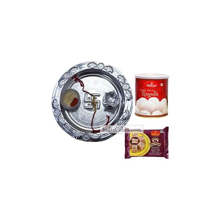 Silver Thali And Rasgulla With Soanpapdi