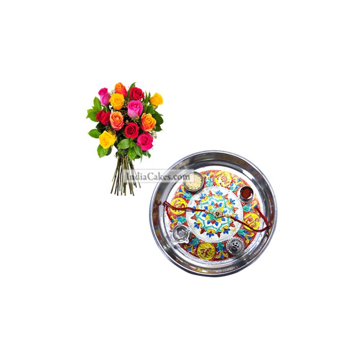 Silver Thali With Design and Mix Roses Silver Thali With Design and Mix Roses