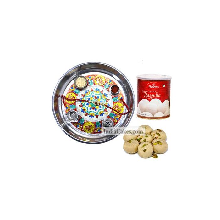 Silver Thali With Design And Pedha With Rasgulla