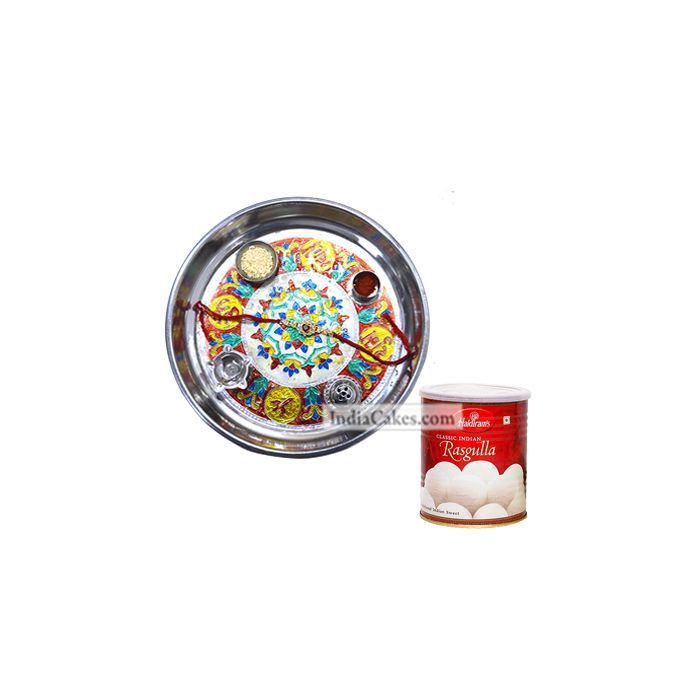 Silver Thali With Design And Rasgulla Silver Thali With Design And Rasgulla