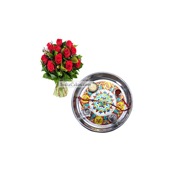 Silver Thali With Design And Red Roses Silver Thali With Design And Red Roses