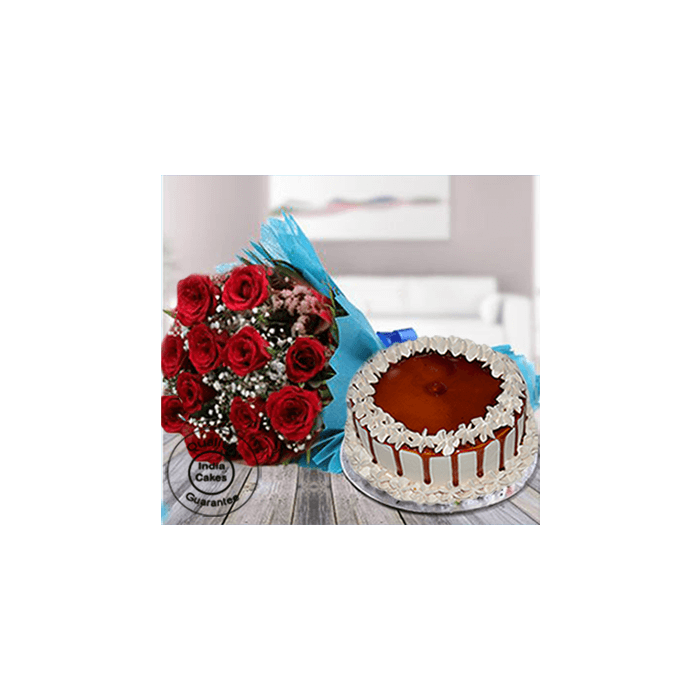 Special Butterscotch Half Kg Cake with 12 Red Roses