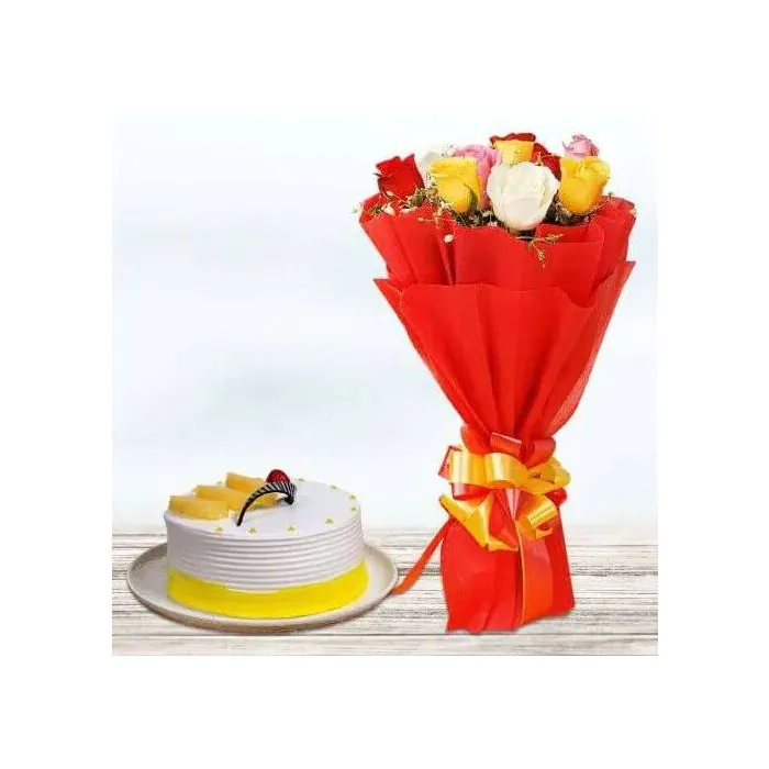 Eggless Yummy Pineapple Cake Half Kgs with 6 Mix Roses Bunch Eggless Yummy Pineapple Cake Half Kgs with 6 Mix Roses Bunch