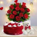 10 Red Roses Bouquet with Half Kg Red Velvet Cake n Teddy thumbnail
