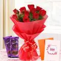 6 Red Rose Bunch,5 Cadbury Chocolate Bars,1 Greeting Card thumbnail