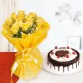 Black Forest Drip Cake Half Kgs with 6 Yellow Roses Bunch thumbnail