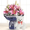Bouquet Of Pink Lilies with Teddy thumbnail