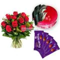 Eggless Strawberry Cake Half Kg with 6 Red Roses Bunch and 5 Chocolates thumbnail