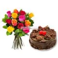 Half Kg Chocolate Truffle Cake with 6 Mix Roses Bunch thumbnail