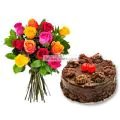 Eggless Chocolate Truffle Cake 1 Kg with 12 Mix Roses Bunch thumbnail
