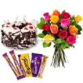 Eggless Black Forest Cake 1 Kg with 6 Mix Roses Bunch and 5 Chocolates thumbnail