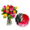 Strawberry Cake Half Kg with 12 Mix Roses Bunch thumbnail