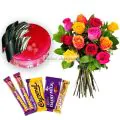 Eggless Strawberry Cake Half Kg with 6 Mix Roses Bunch and 5 Chocolates thumbnail