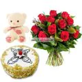 Half Kg Butter Scotch Cake-6 Red Roses Bunch-Teddy Bear thumbnail