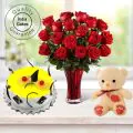 1.5 Kg Pineapple Cake-6 Red Roses Bunch-Teddy Bear thumbnail