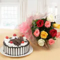 Eggless Rich Black Forest Cake Half Kgs with 6 Mix Roses Bunch thumbnail