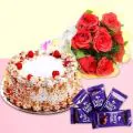 Half Kg Butter Scotch Cake-6 Red Roses Bunch-5 Chocolates thumbnail