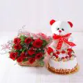Half Kg Delish Butterscotch Cake with 6 Red Roses Bunch and 6 Inch Teddy Bear thumbnail