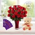12 Red Roses And Teddy Bear With 5 Assorted Chocolates thumbnail
