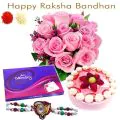 15 Pink Roses Bunch Half Kg Strawberry Cake Cadbury Celebration With Rakhi thumbnail