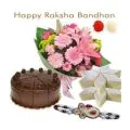 20 Mix Flowers With Half Kg Chocolate Cake Kaju Katali With Rakhi thumbnail