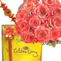 Rakhi with 12 Pink Roses and Cadbury Celebration  thumbnail