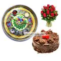Golden Thali With Green Design And Half Kg Eggless Chocolate Truffle Cake And 10 Red Roses Bunch thumbnail
