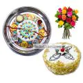 Silver Thali With Design And Half Kg Eggless Butterscotch Cake And 10 Mix Roses Bunch thumbnail