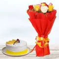 Eggless Yummy Pineapple Cake Half Kgs with 6 Mix Roses Bunch thumbnail