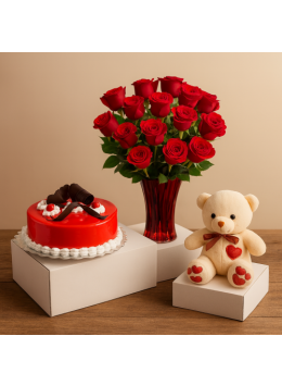 1 Kg Strawberry Cake-6 Red Roses Bunch-Teddy Bear 1 Kg Strawberry Cake-6 Red Roses Bunch-Teddy Bear