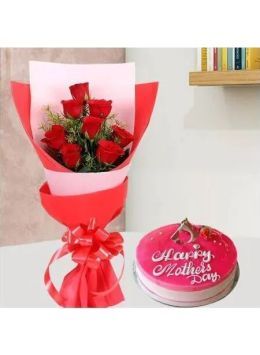 1 Kg Strawberry Cake with 6 Red Roses Bunch 1 Kg Strawberry Cake with 6 Red Roses Bunch