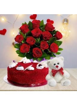 10 Red Roses Bouquet with Half Kg Red Velvet Cake n Teddy 10 Red Roses Bouquet with Half Kg Red Velvet Cake n Teddy
