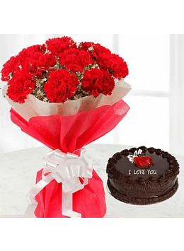 12 Red Carnations Bunch with 1 Kg Chocolate Cake 12 Red Carnations Bunch with 1 Kg Chocolate Cake