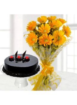 15 Yellow Gerberas Bunch with 1 Kg Chocolate Truffle Cake 15 Yellow Gerberas Bunch with 1 Kg Chocolate Truffle Cake